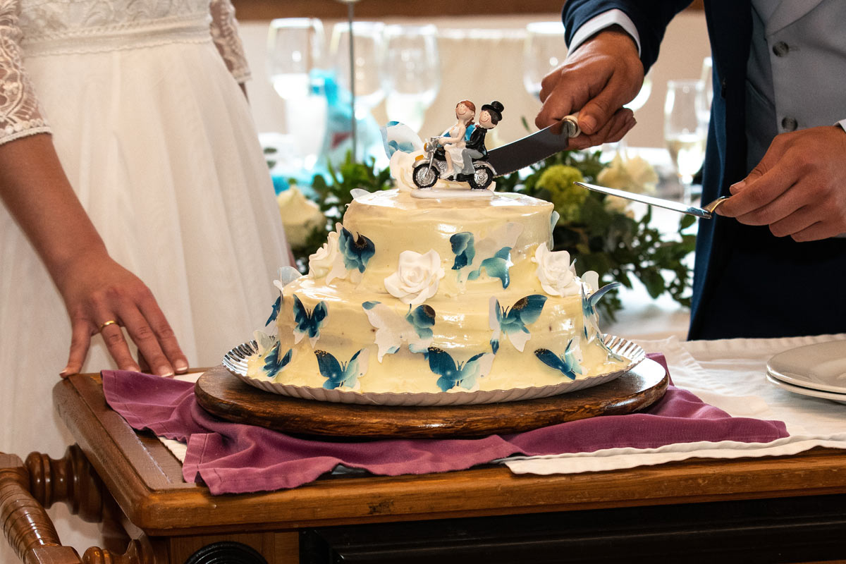 Novios cortando una tarta de boda con mariposas azules